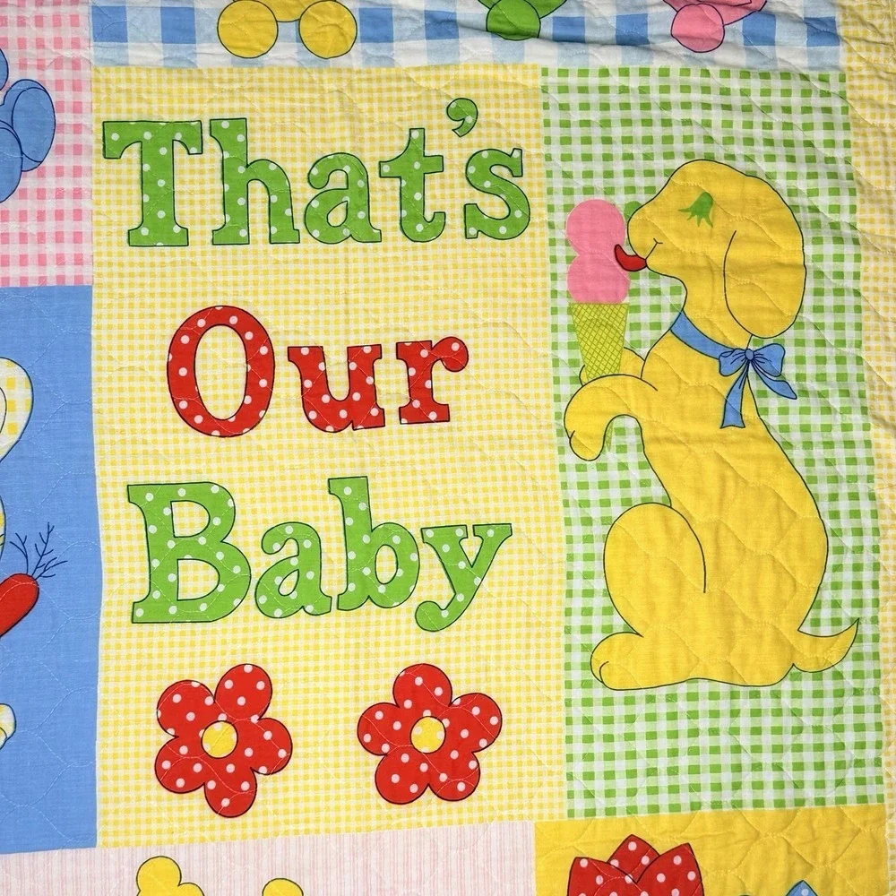 VTG That's Our Baby Crib Quilt Blanket Teddy Bear Bunny Duck Ruffle Trim Nursery